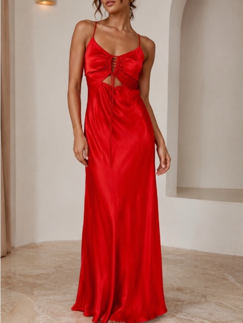 Meshki Red Satin Lace-Up Cutout Slip Dress
